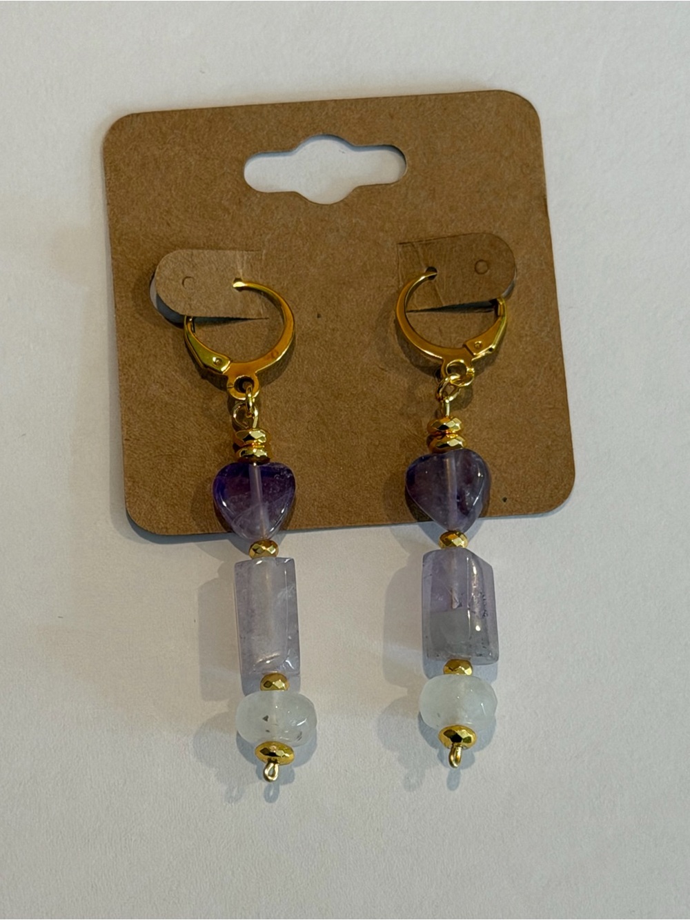 Handmade Amethyst, Quartz & White Jade Gold Huggie Drop Earrings